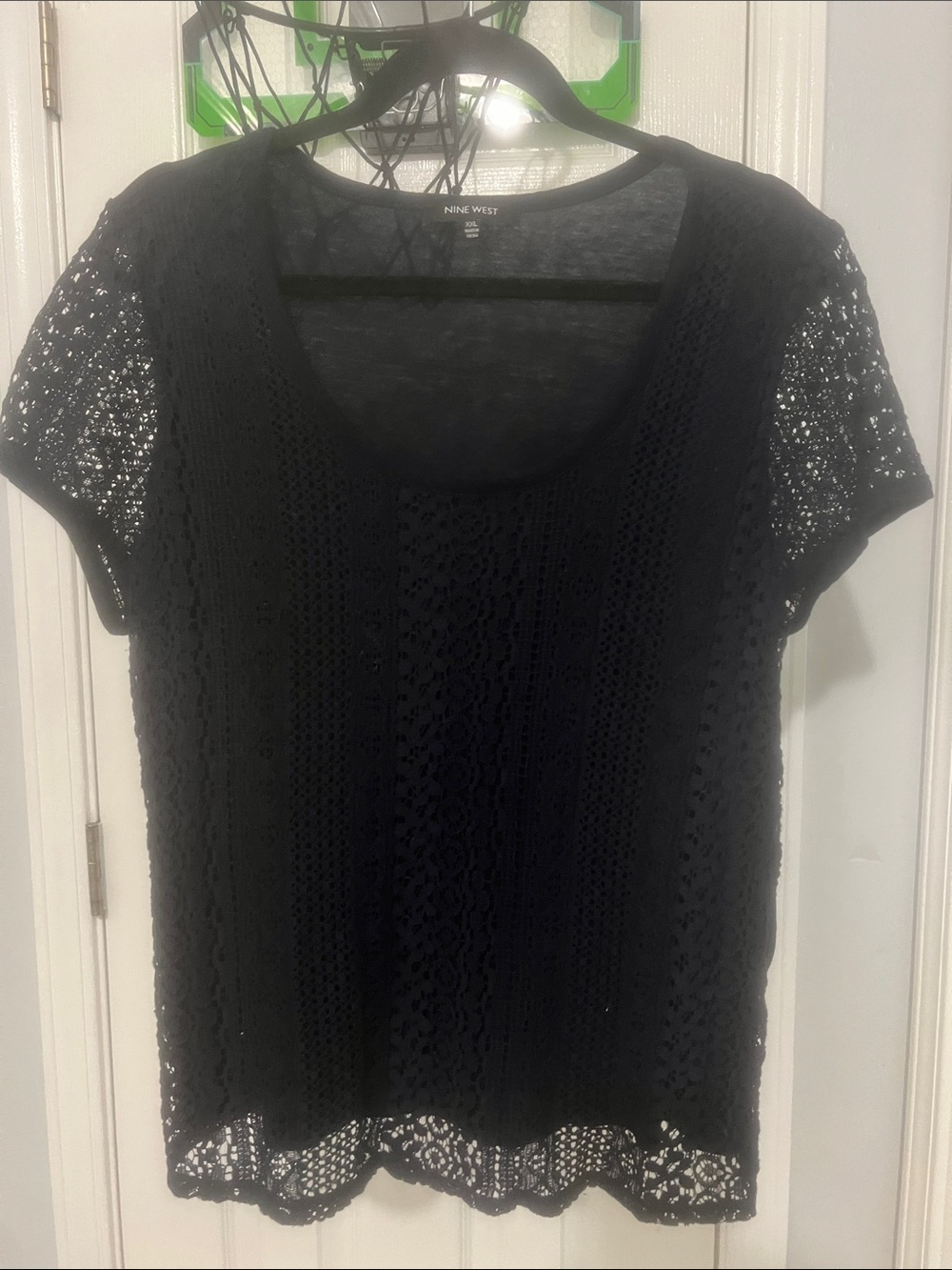 Nine West Black Lace Scoop Neck Short Sleeve Top